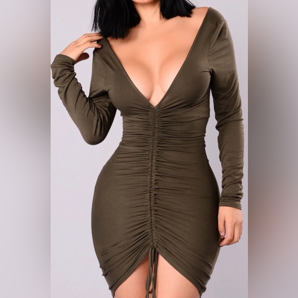 Fashion Nova Dresses & Skirts - Women’s Olive Ruched Long Sleeve Dress